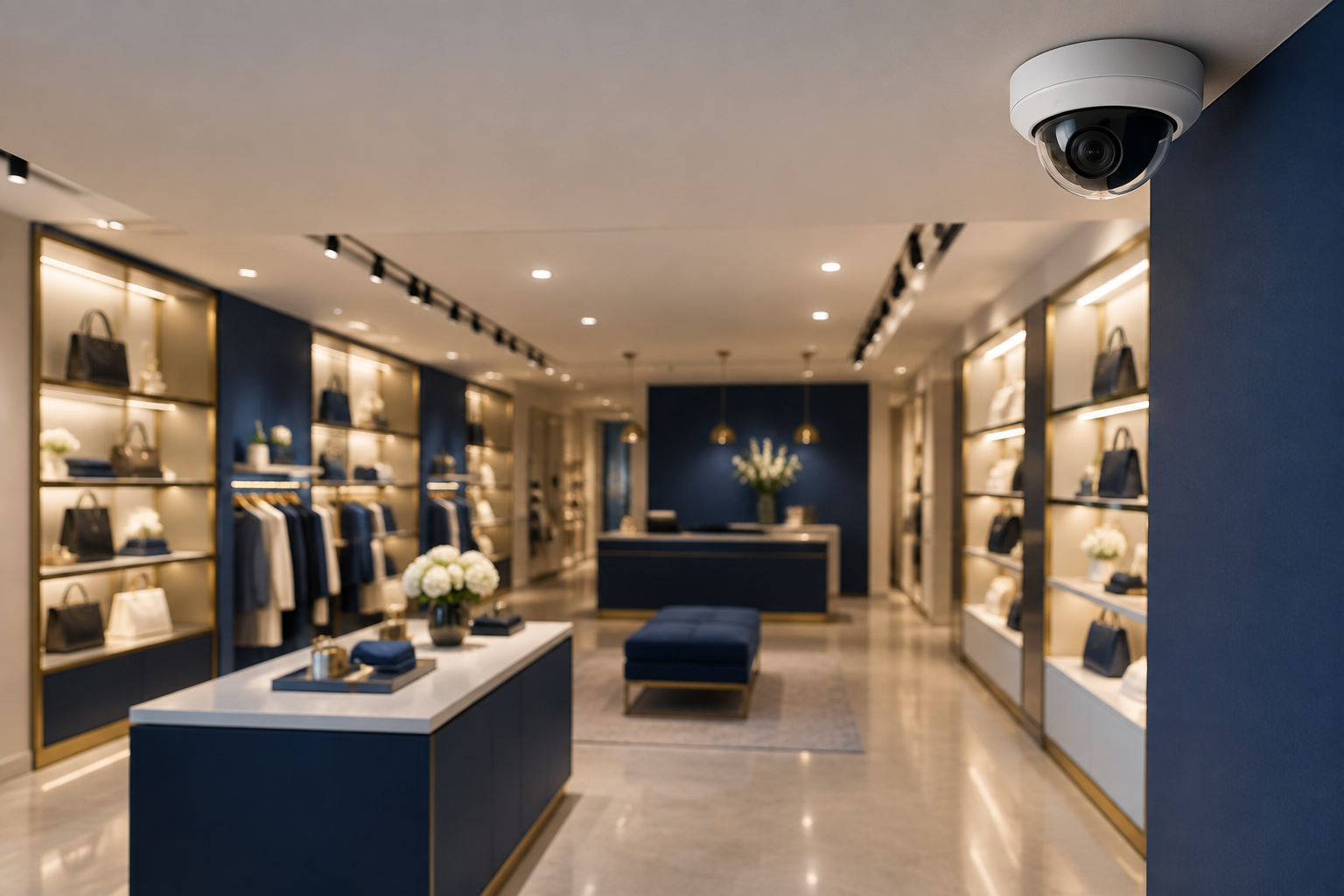 Caméra dôme de surveillance installée au plafond d'une boutique moderne