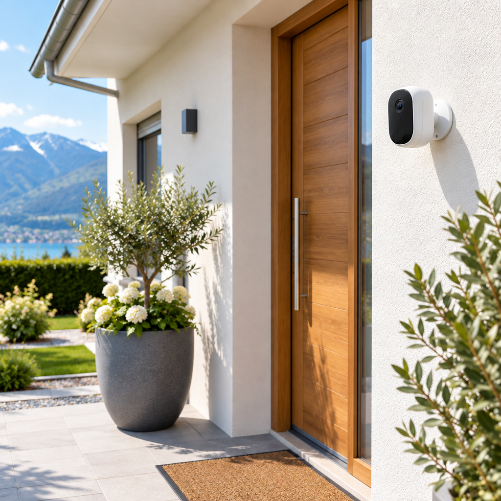 Caméra de surveillance sans fil installée à côté de la porte d'entrée d'une maison