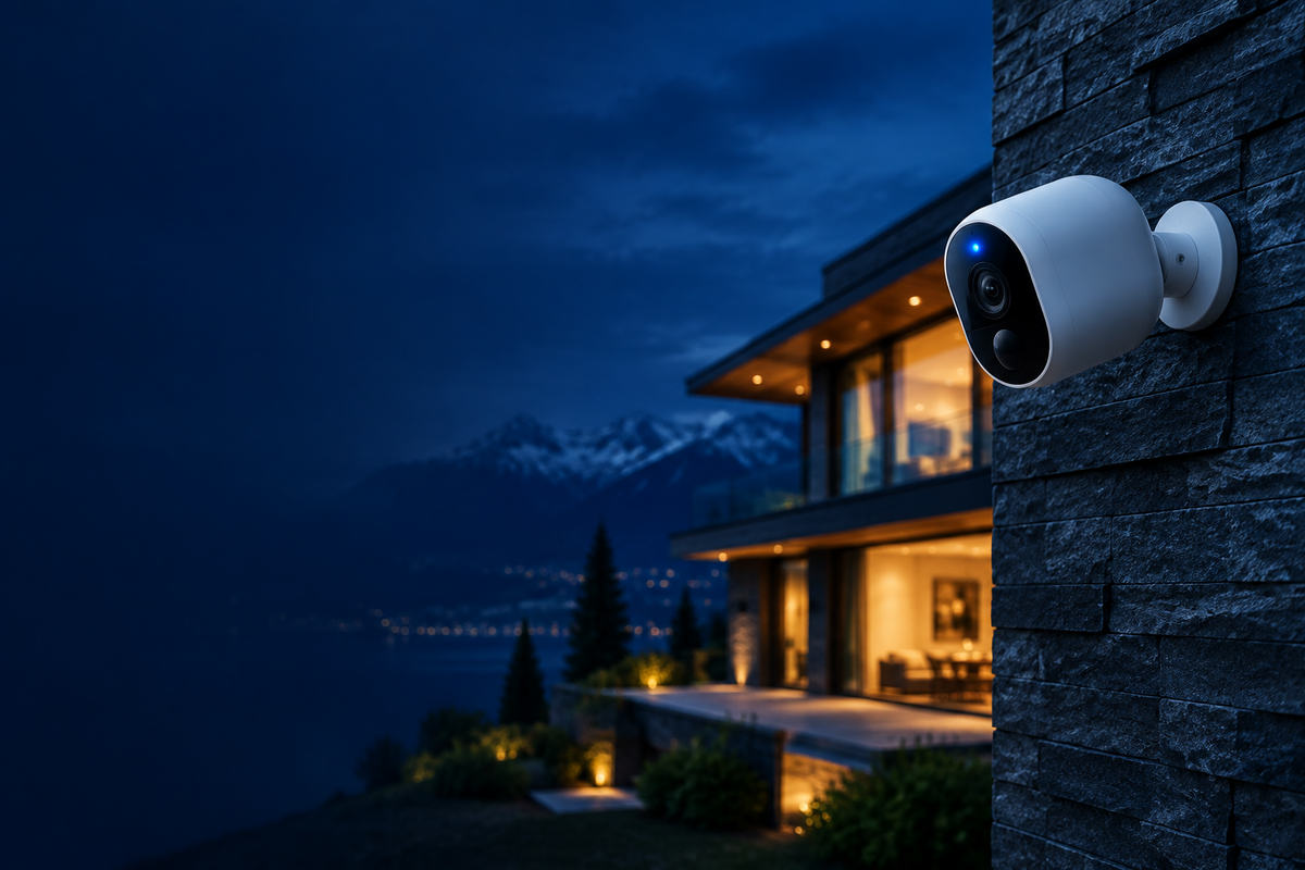 Caméra de surveillance sans fil Vigilo installée sur la façade d'une maison moderne de nuit